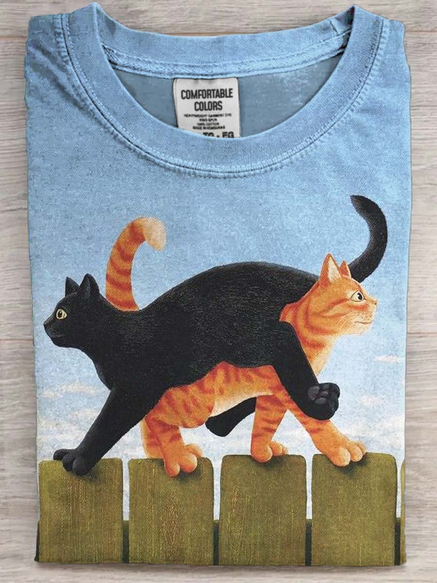 Cute Crossover Cat Print Casual Short Sleeve T-Shirt