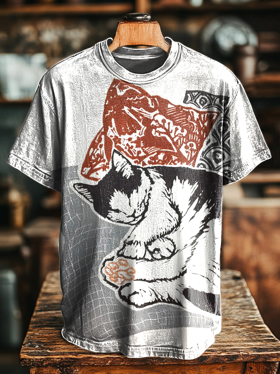 Unisex Retro Cat Sleeping Art Print Casual Loose Short Sleeve T-Shirt