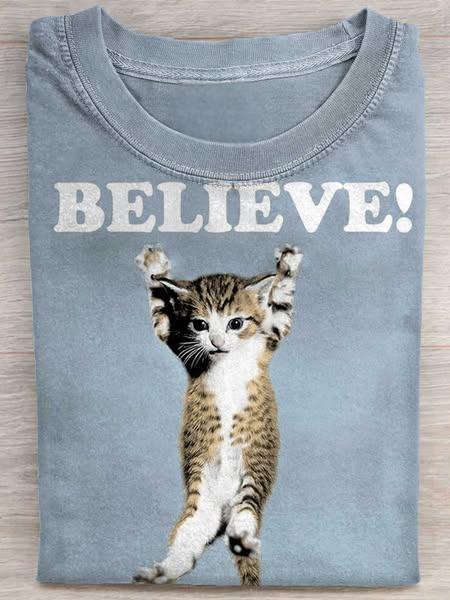 Funny Believe Cat Art Print Casual Short Sleeve T-shirt
