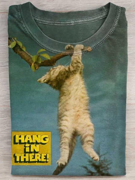 Hang In There Funny Cat Art Print Casual Short Sleeve T-shirt