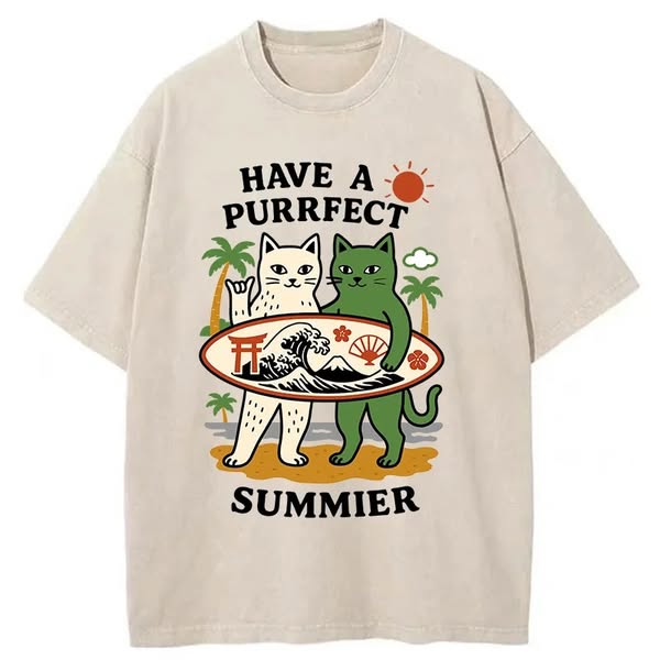 Chillteelab™ | Beach Surfing Cat Washed T-Shirt
