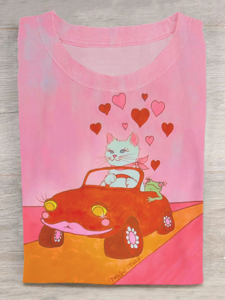 Happy Driving Cat Art Print Casual Short Sleeve T-Shirt