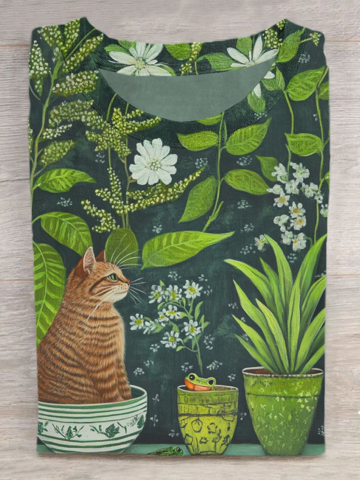 Flowerpot Cat Art Print Casual Short Sleeve T-Shirt