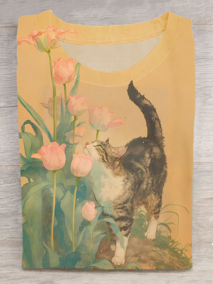 Cute Cat Art Print Casual Short Sleeve T-shirt