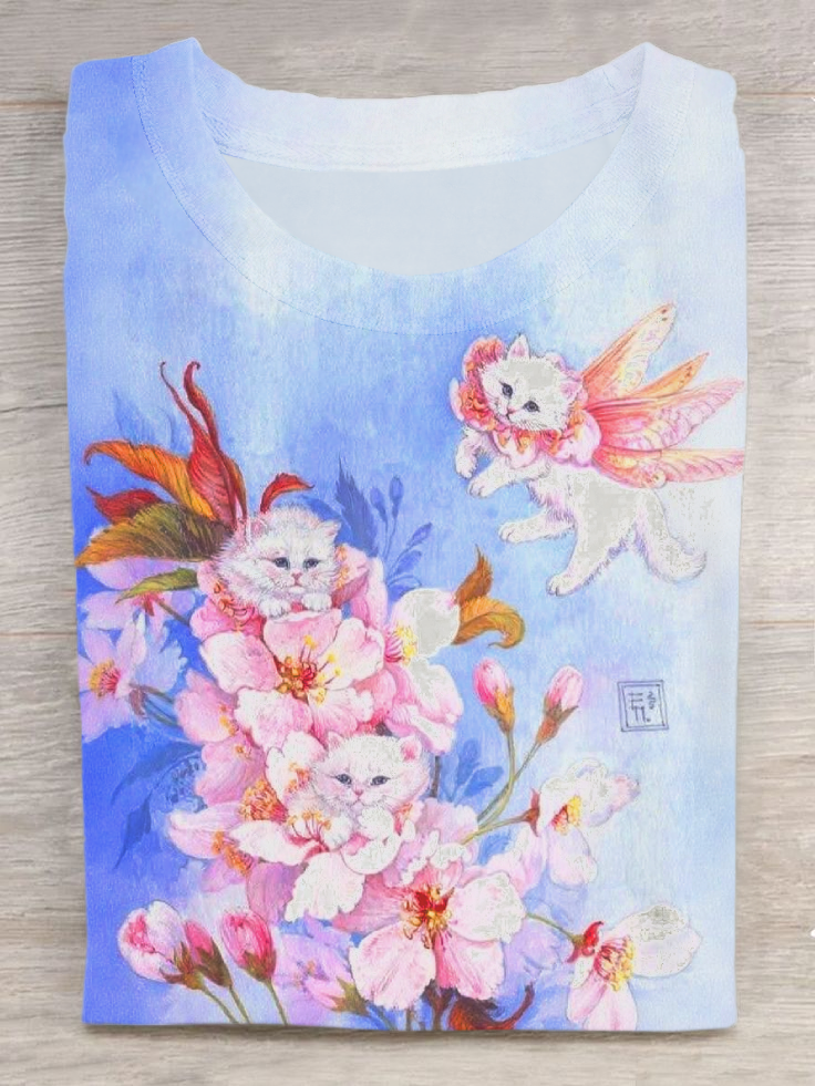 Cat Flower Fairy Art Print Casual Short Sleeve T-Shirt