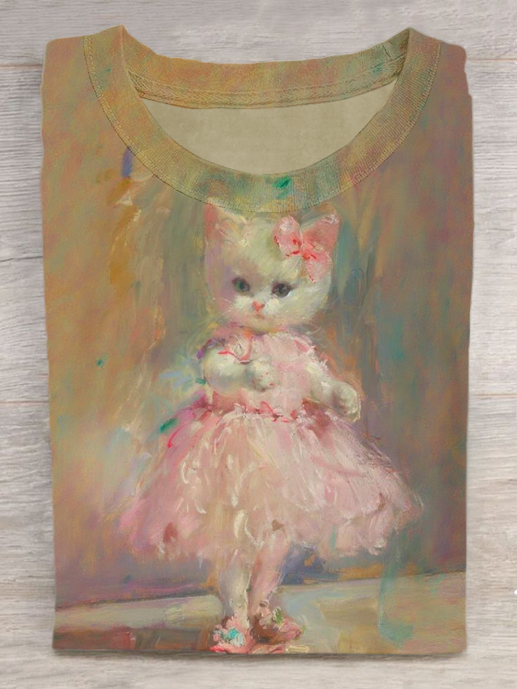 Vintage Cute Cat Art Print Casual Short Sleeve T-Shirt