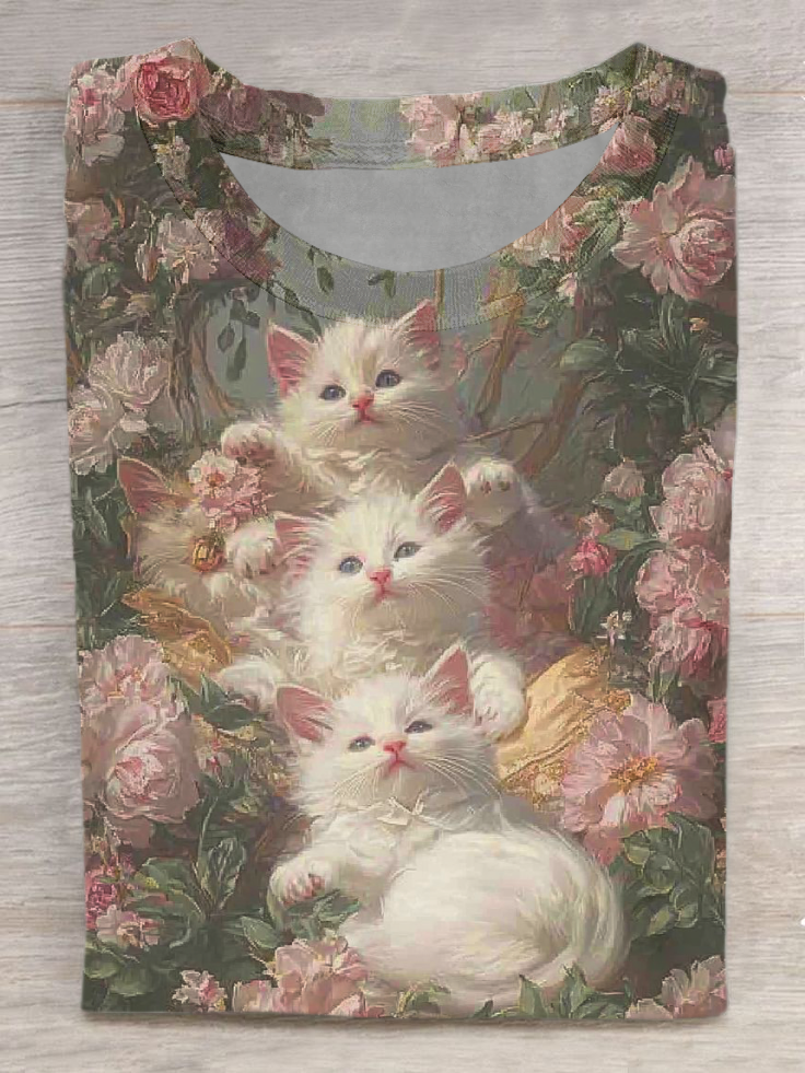 Vintage Floral Cats Art Print Casual Short Sleeve T-Shirt