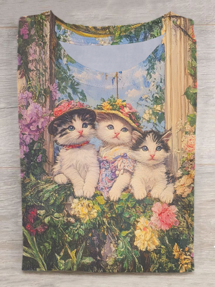 Vintage Floral Cats Art Print Casual Short Sleeve T-Shirt