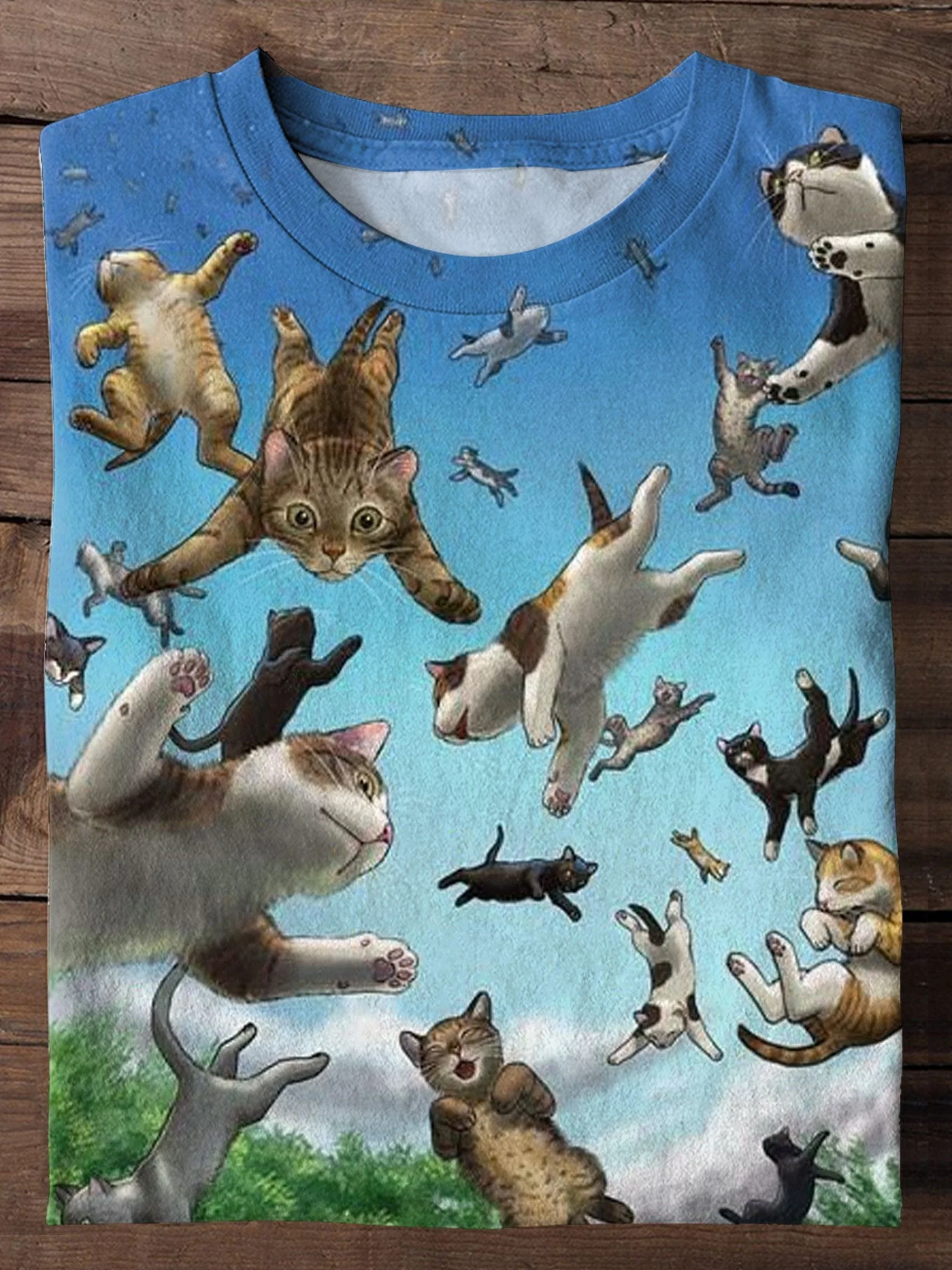 Cute Cat Fly Art Print Casual Short Sleeve T-Shirt