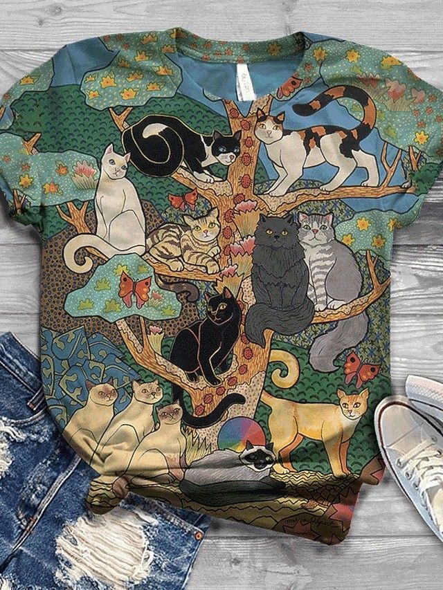 Cats In The Forest Art Print Casual Short Sleeve T-shirt