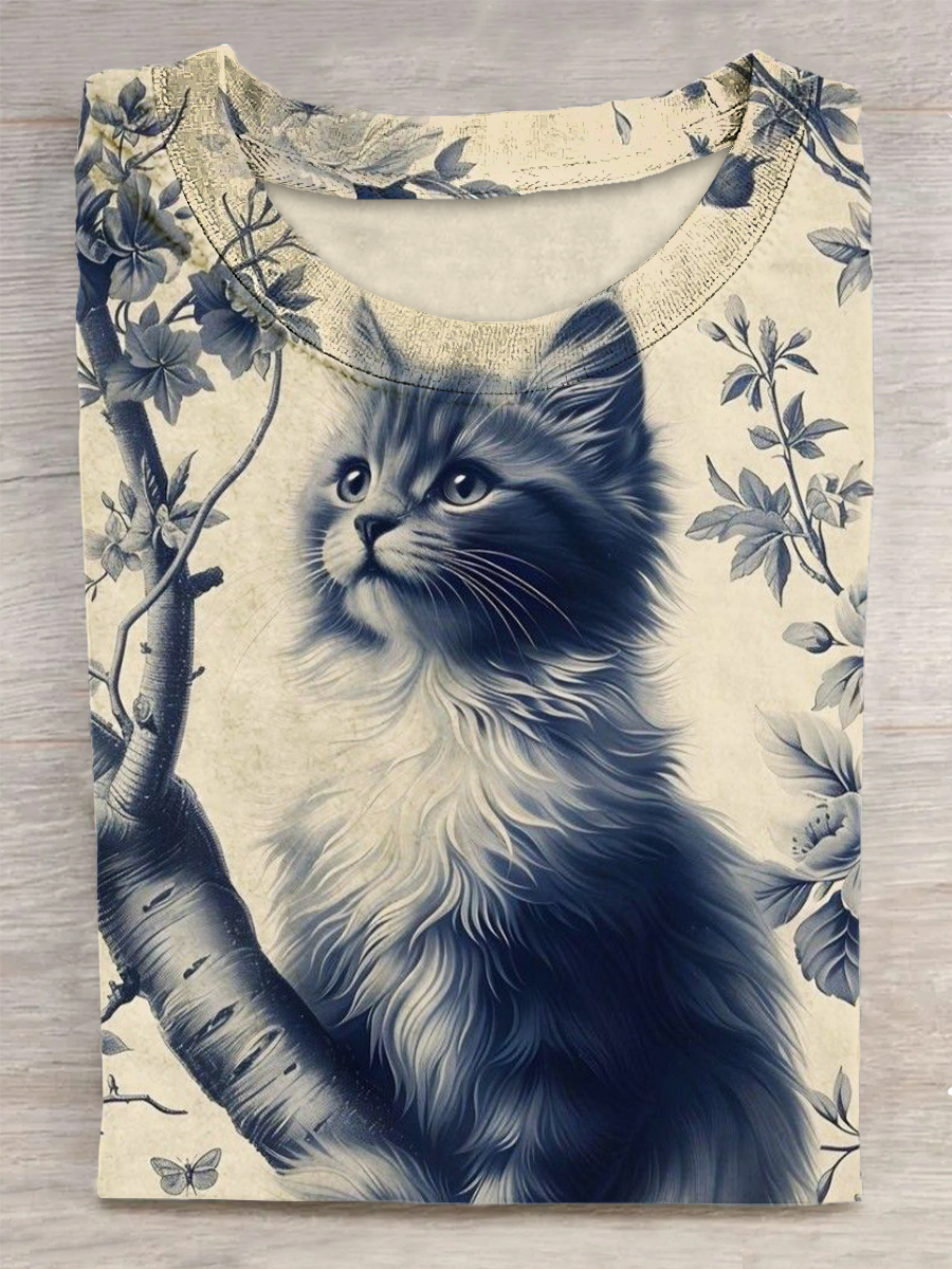Cat Printed Vintage Fashion Loose Short Sleeve T-Shirt