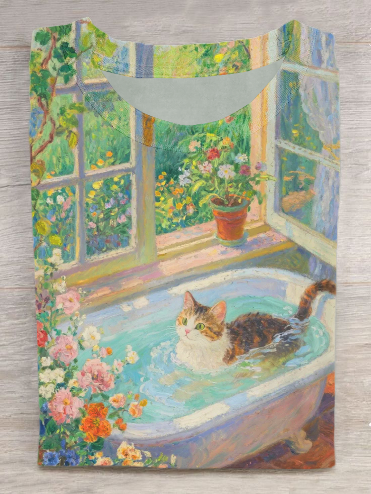 Cat Bath Art Print Casual Short Sleeve T-Shirt