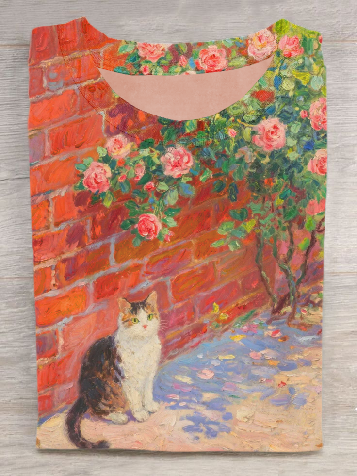 Cat By The Wall Art Print Casual Short Sleeve T-Shirt