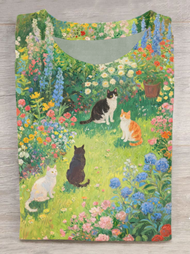 Garden Cats Art Print Casual Short Sleeve T-Shirt