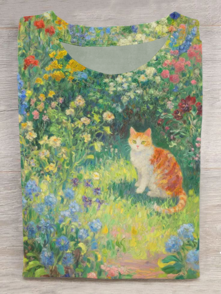 Garden Cat Art Print Casual Short Sleeve T-Shirt