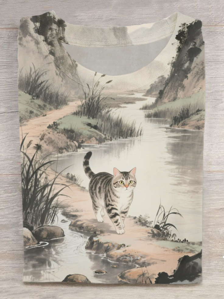 Classical Cat Art Print Casual Short Sleeve T-Shirt