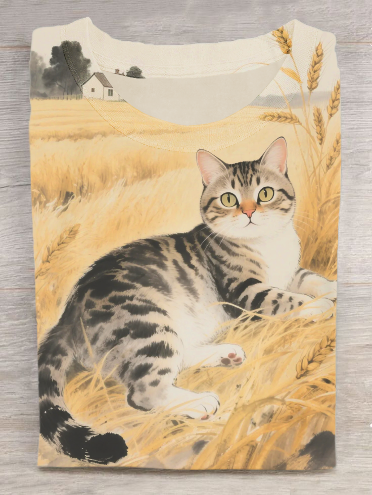 Wheat Field Cat Art Print Casual Short Sleeve T-Shirt