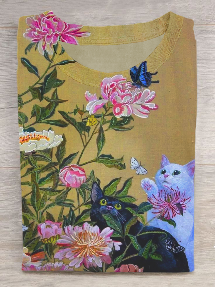 Vintage Floral Cat Art Print Casual Short Sleeve T-shirt