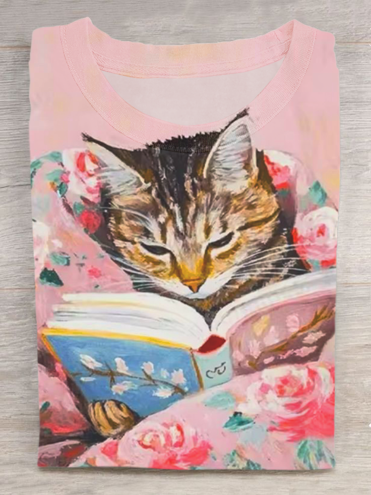 Reading Cat Art Print Casual Short Sleeve T-Shirt
