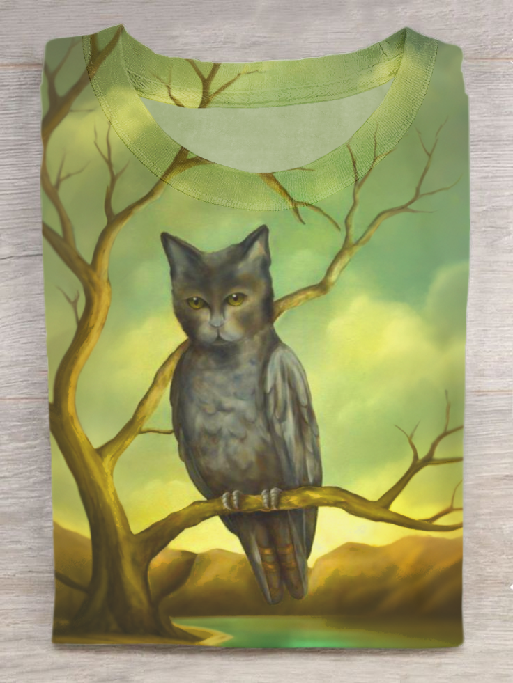 Owl Cat Art Print Casual Short Sleeve T-shirt