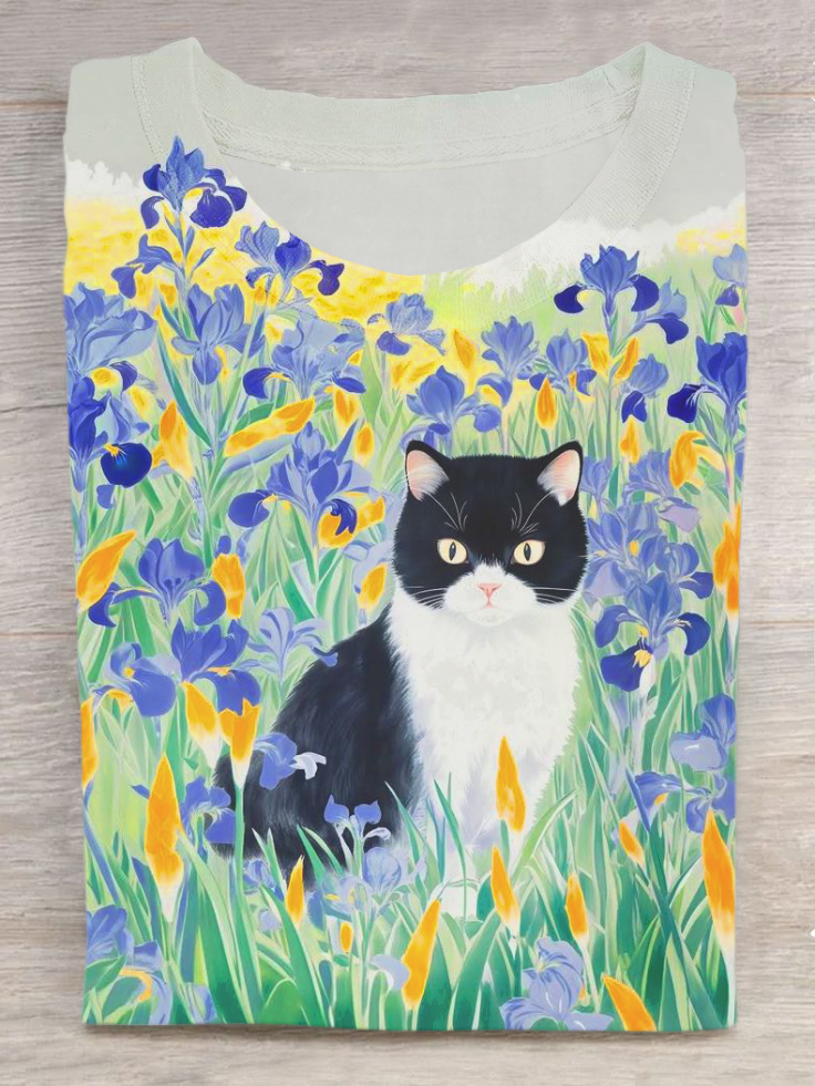 Garden Cat Art Print Casual Short Sleeve T-shirt