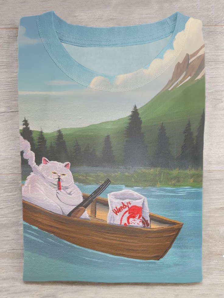 Fisherman Cat Art Print Casual Short Sleeve T-shirt