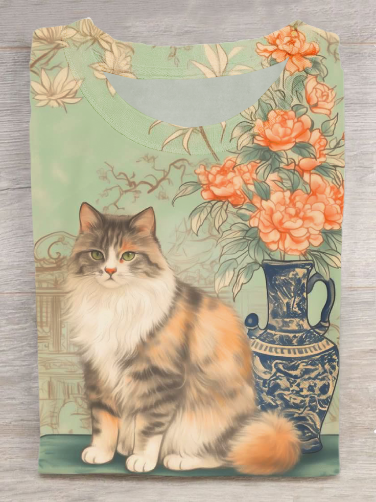 Vintage Floral Cat Print Casual Crew Neck Short Sleeve T-Shirt