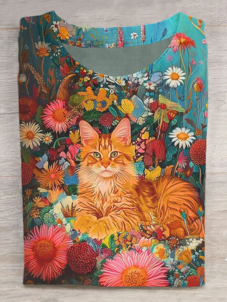 Vintage Floral Cat Print Casual Crew Neck Short Sleeve T-Shirt