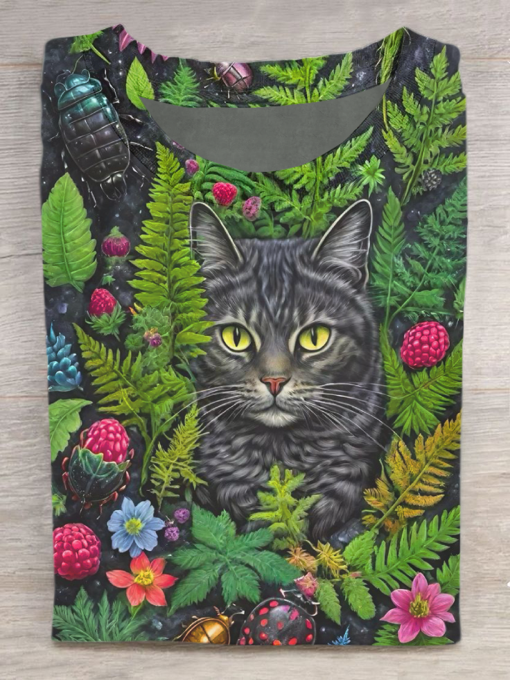 Vintage Floral Cat Art Print Casual Short Sleeve T-Shirt