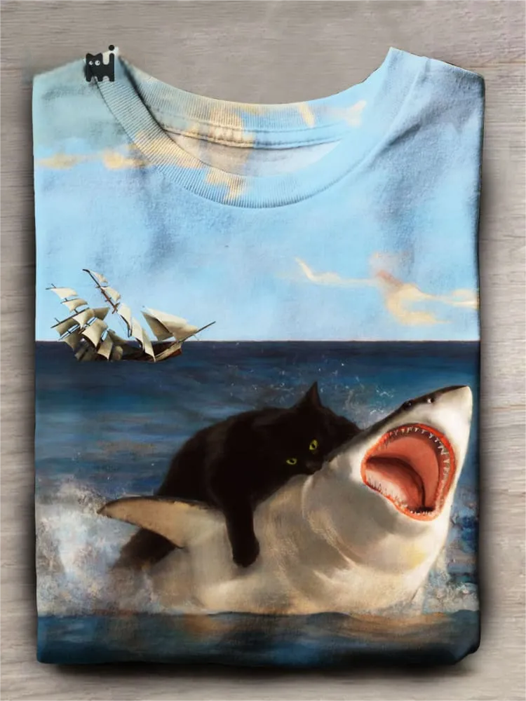 Funny Shark and Cat Print Casual Short Sleeve Top