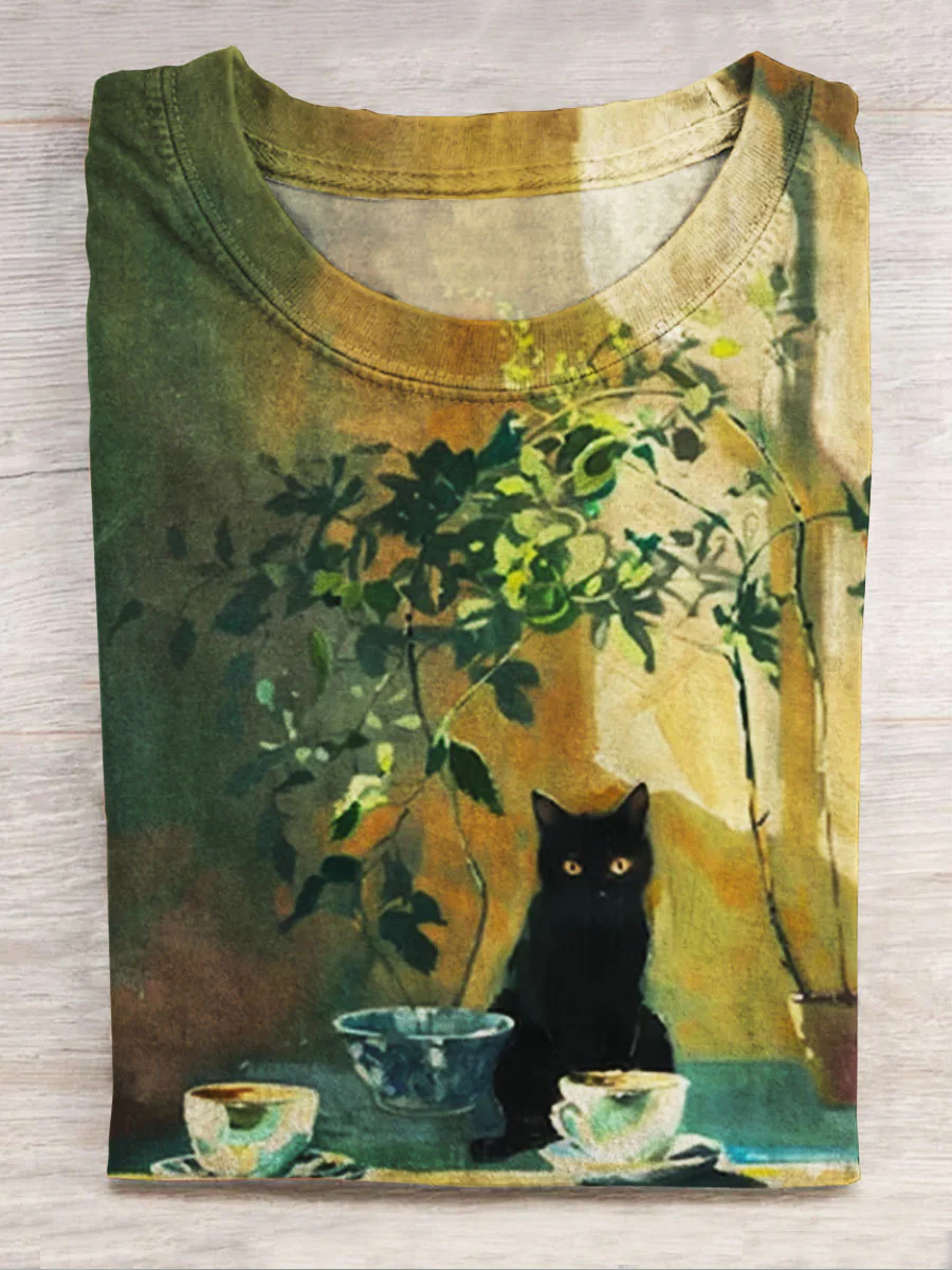 Black Cat Art Print Casual T-shirt
