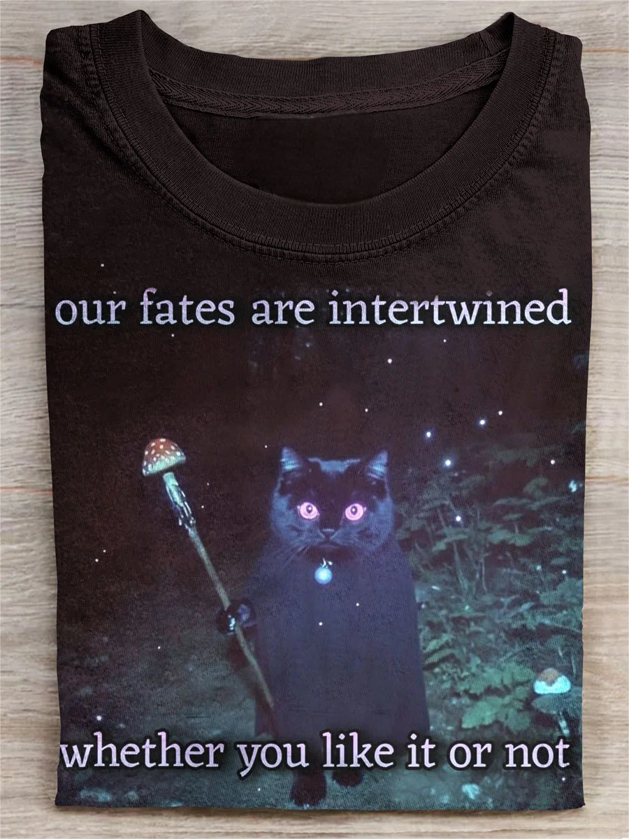 Vintage Black Cat Art Print Casual T-shirt