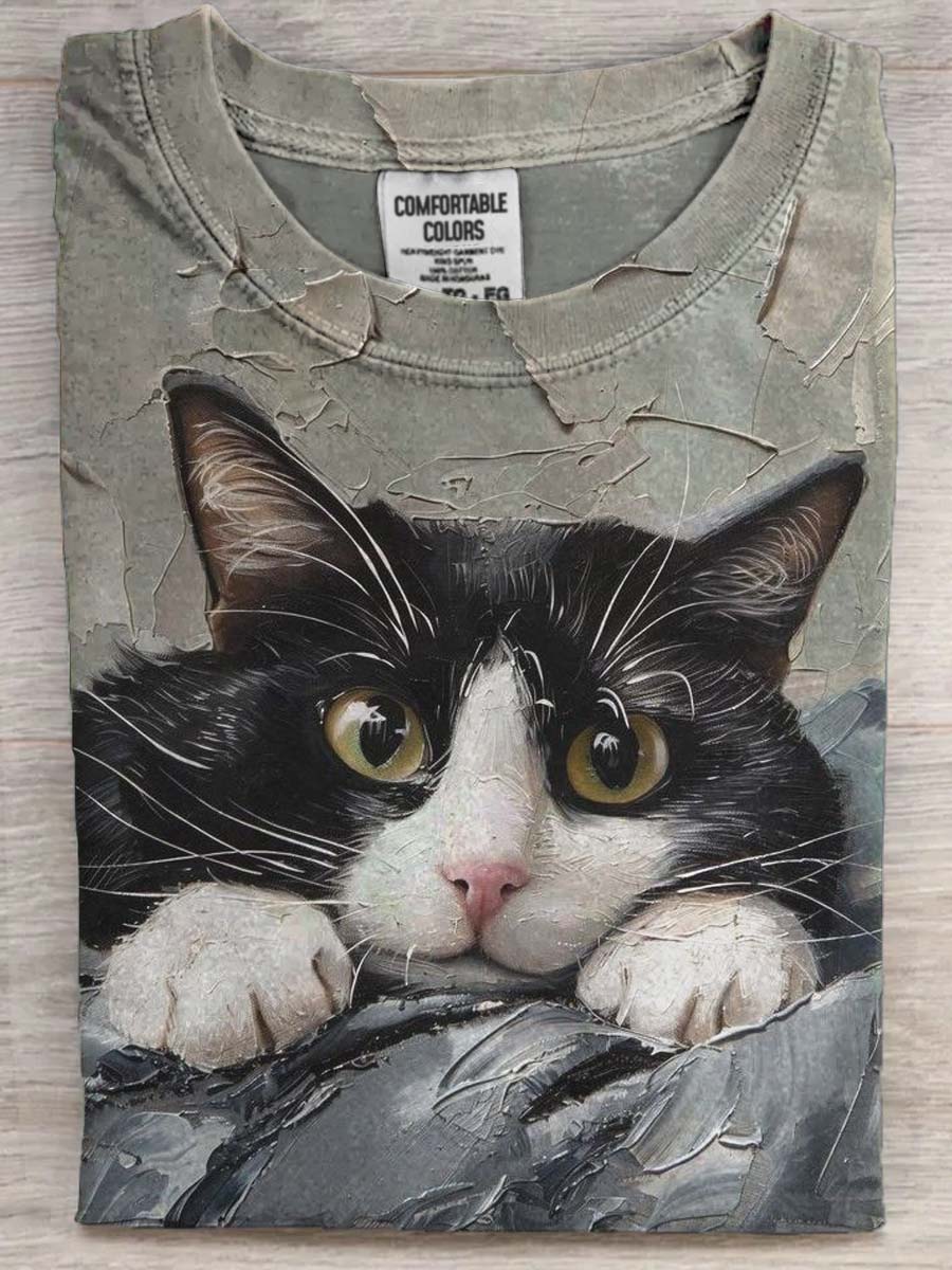 Oil Painting Cute Cat Print Casual Short Sleeve T-Shirt