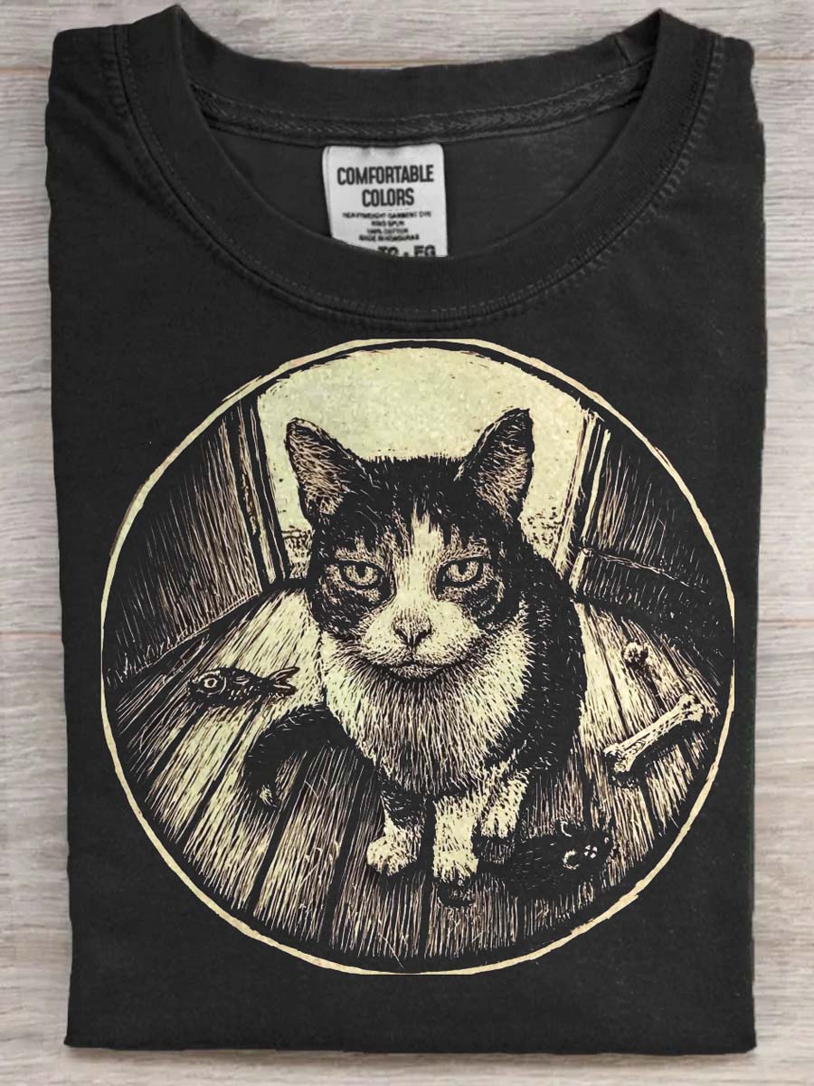 Cat Eye Cat Print Casual Short Sleeve T-Shirt