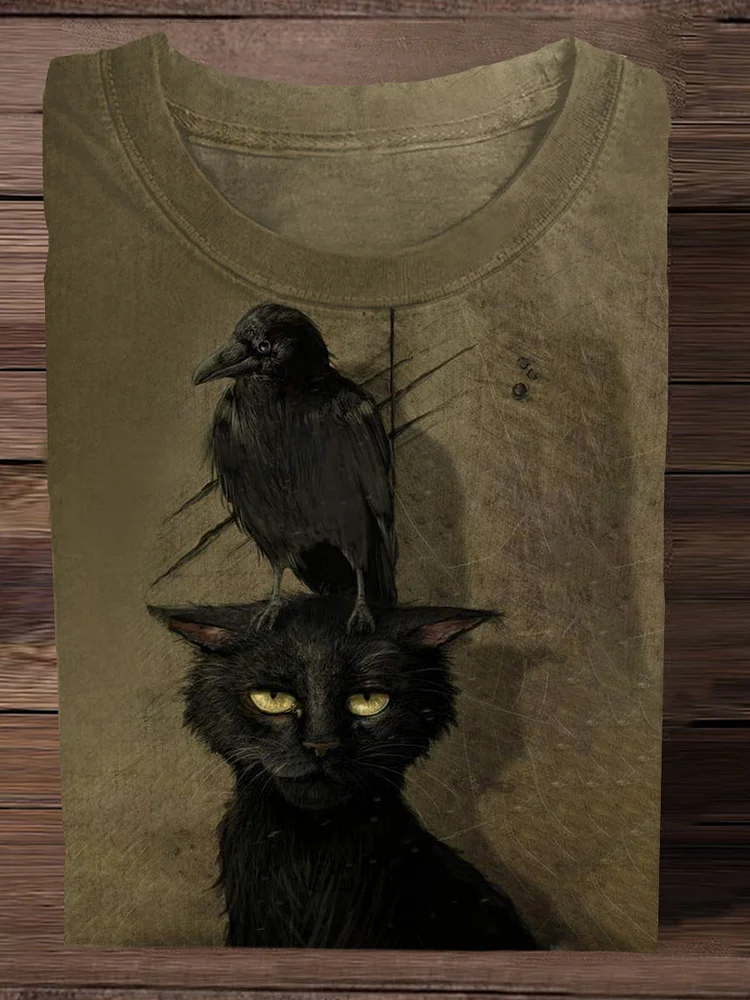 Unisex Black Cat And Crow Art Print Casual Short Sleeve T-Shirt