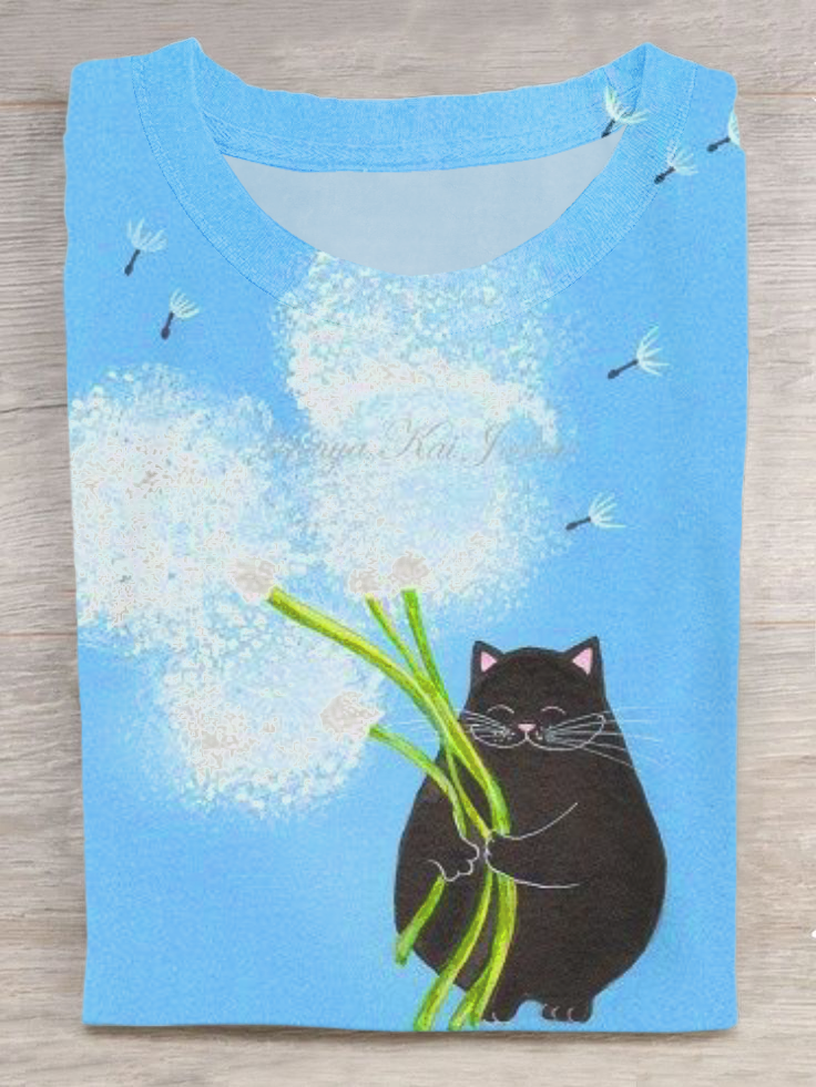 Dandelion Kitten Art Print Casual Short Sleeve T-Shirt