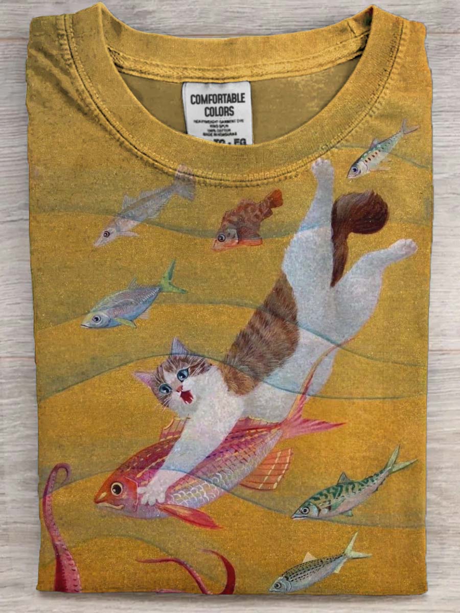 Fun Cat Catching Fish Print Casual Short Sleeve T-Shirt