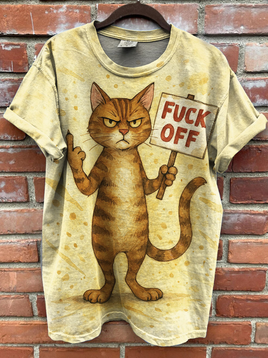 Fuck Off Funny Cat Print T-shirt