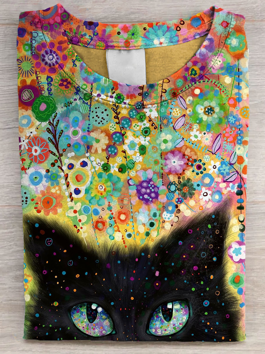 Cat With Floral Fancy Art Print Casual Short Sleeve T-shirt