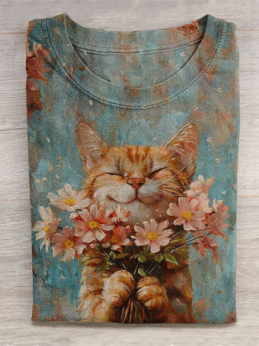 Cat And Flowers Art Print Casual Short Sleeve T-shirt