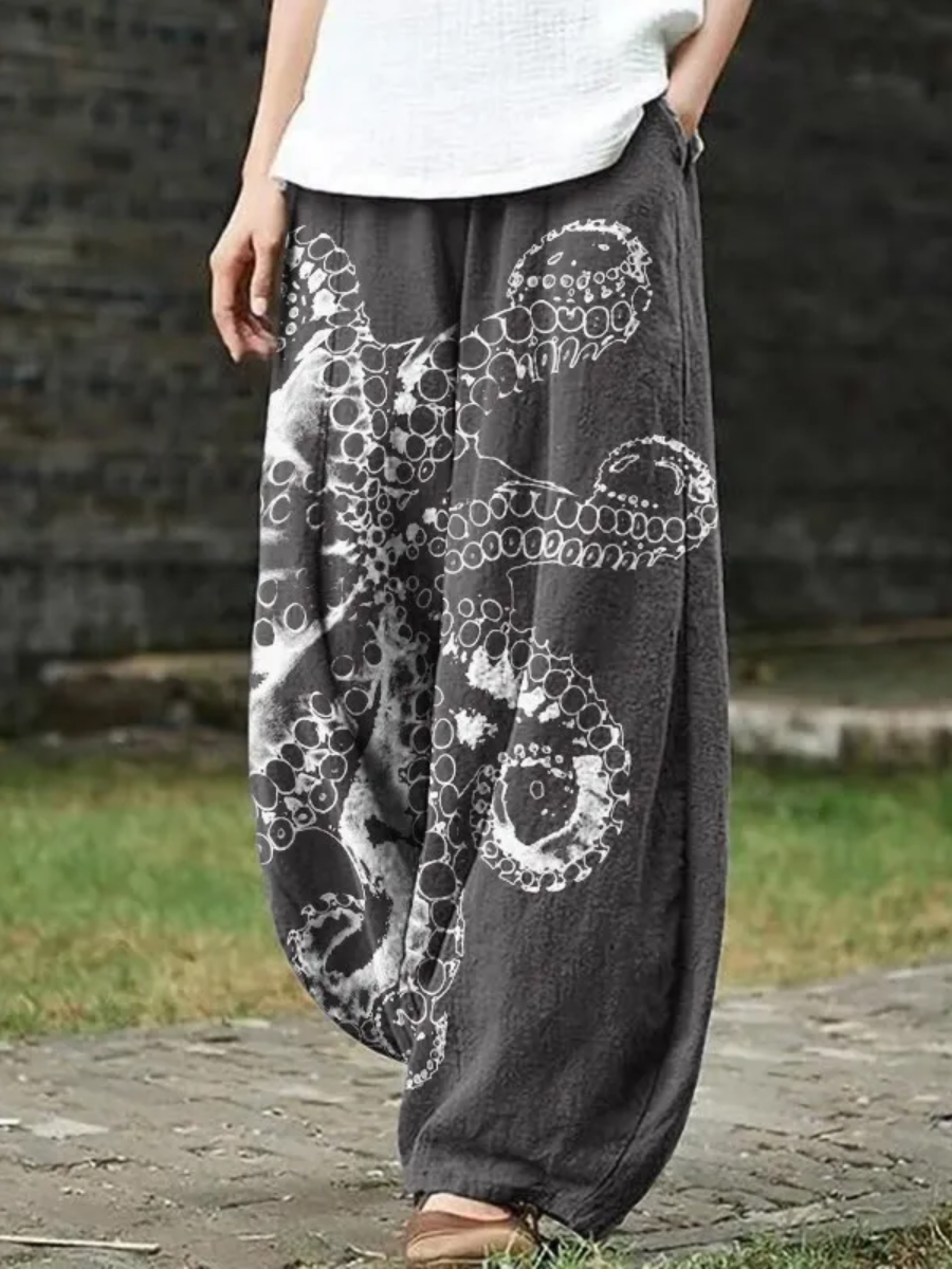 Octopus Asymmetric Print Casual Pants