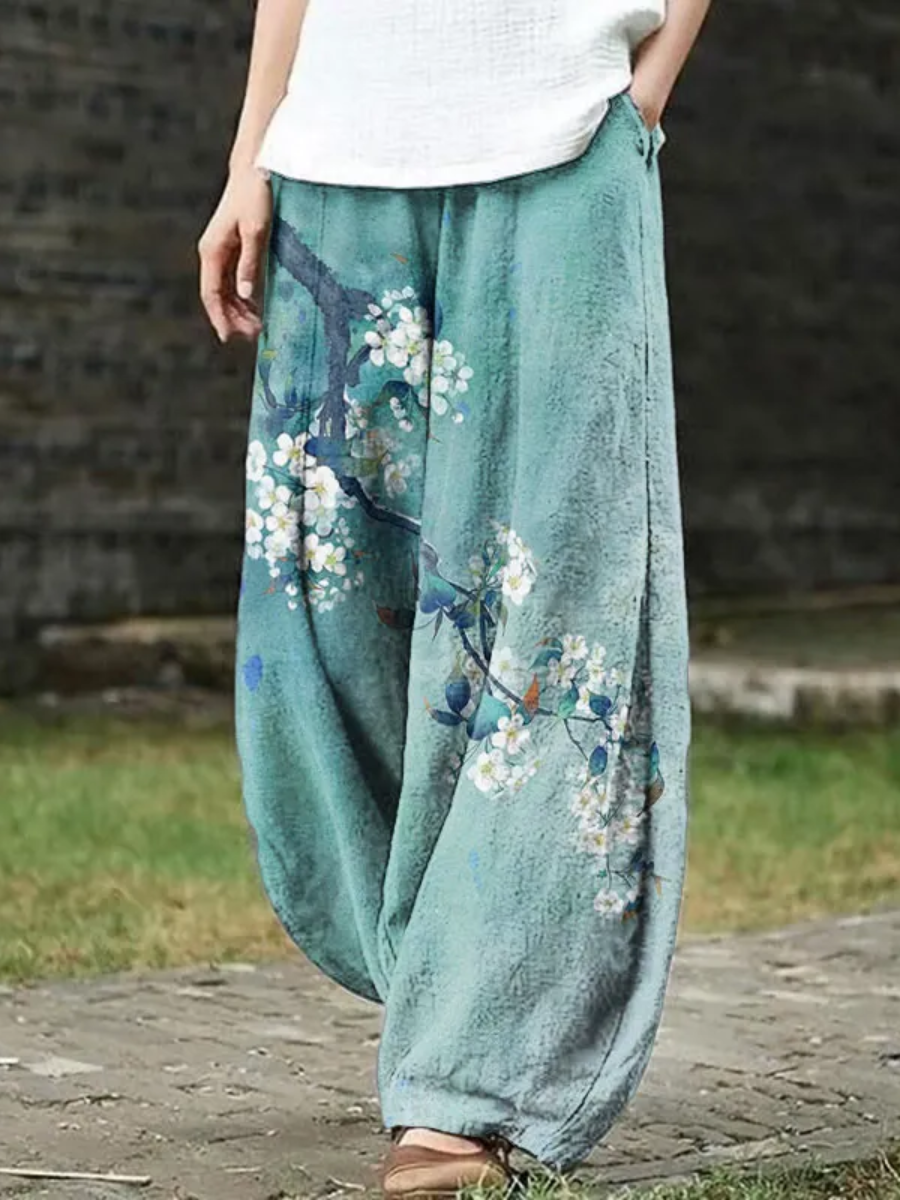 Japanese Antique Pear Blossom Ink Painting Print Casual Pants
