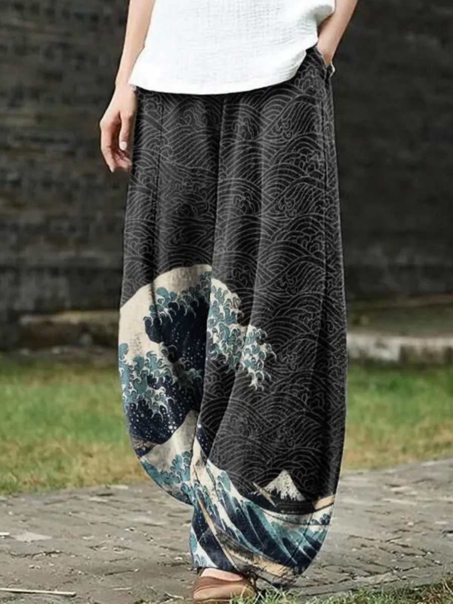 Japanese Wave Inspired Graphic Vintage Print Casual Pants