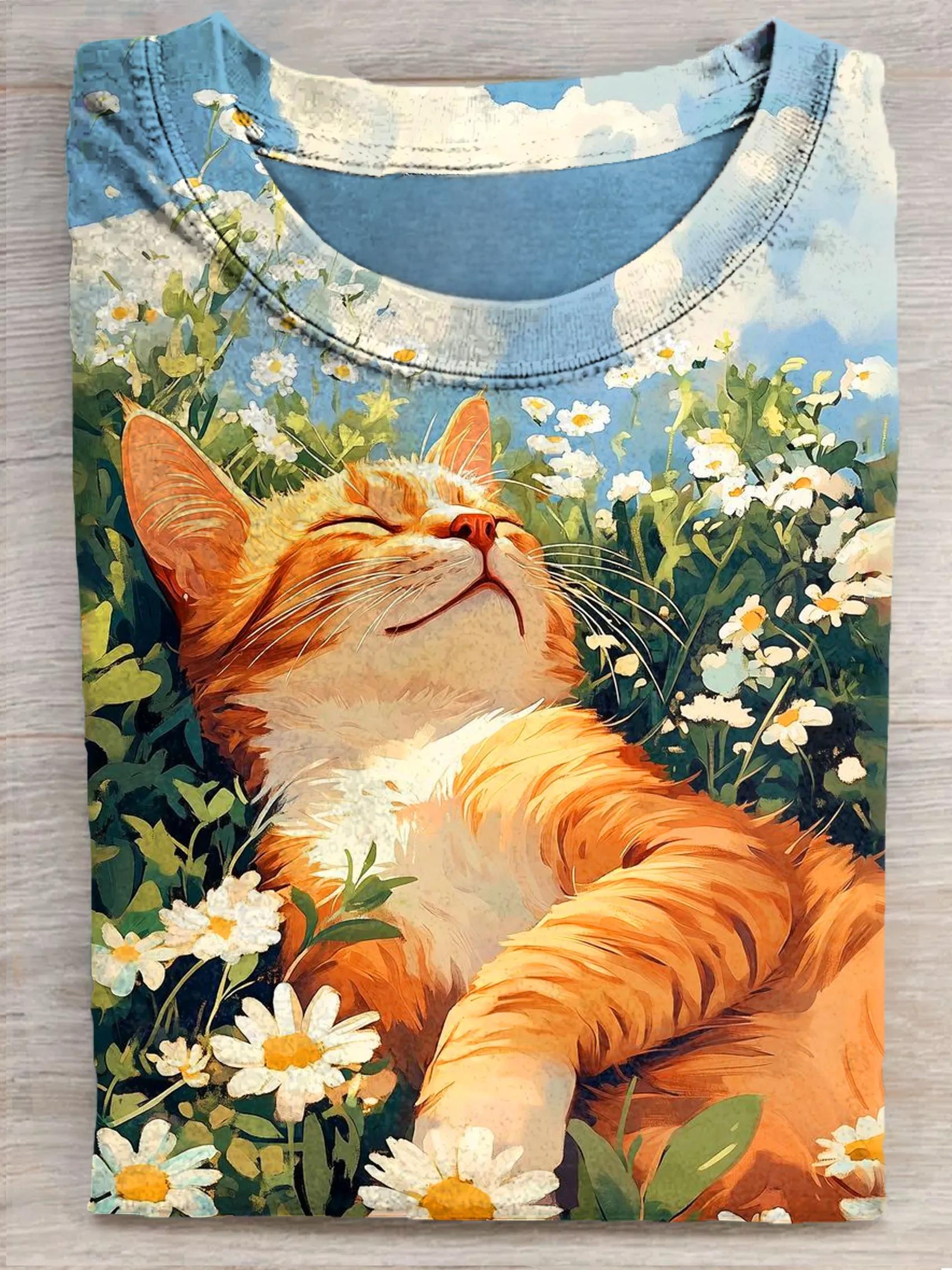 Cat In Daisy Art Print Casual Short Sleeve T-shirt