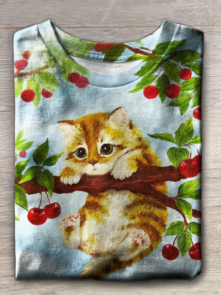 Cute Cat Print Crew Neck T-Shirt