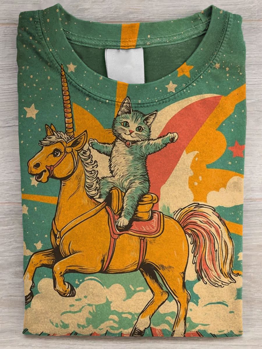 Vintage Cat Ride Unicorn But Did You Die?Art Print Casaul Short Sleeve T-shirt