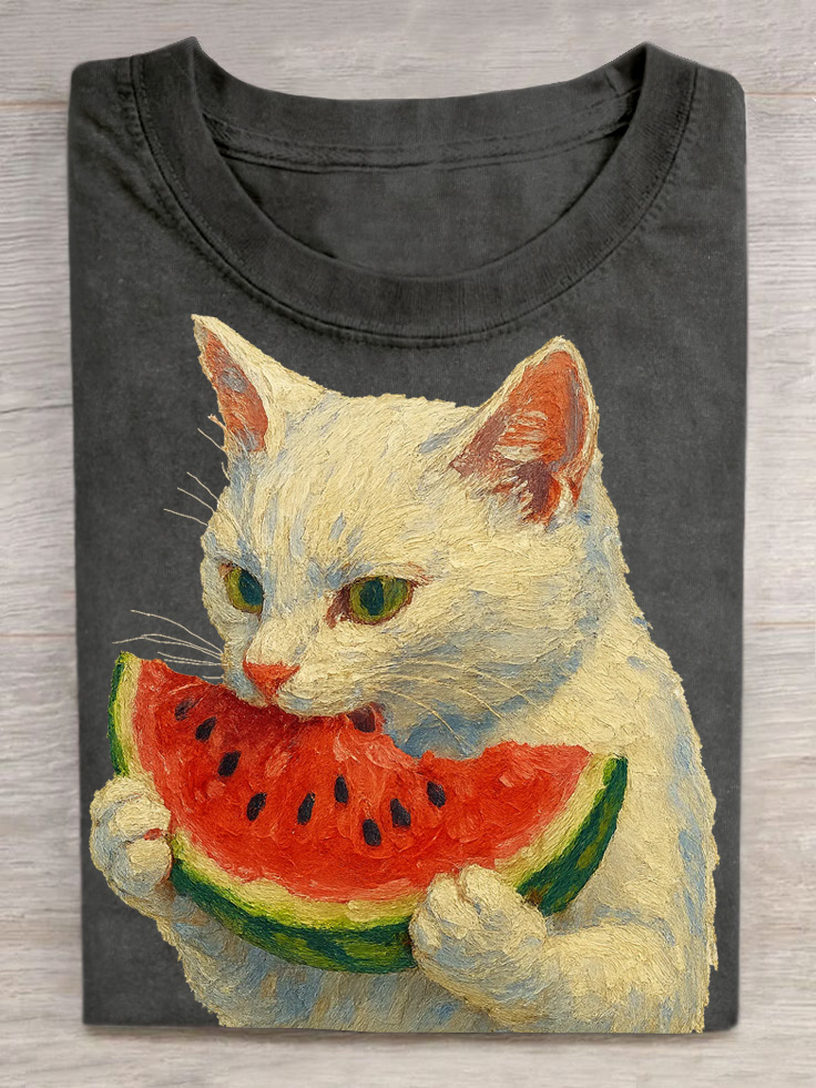 Cat Eat Watermelon Print Casual Short Sleeve T-Shirt