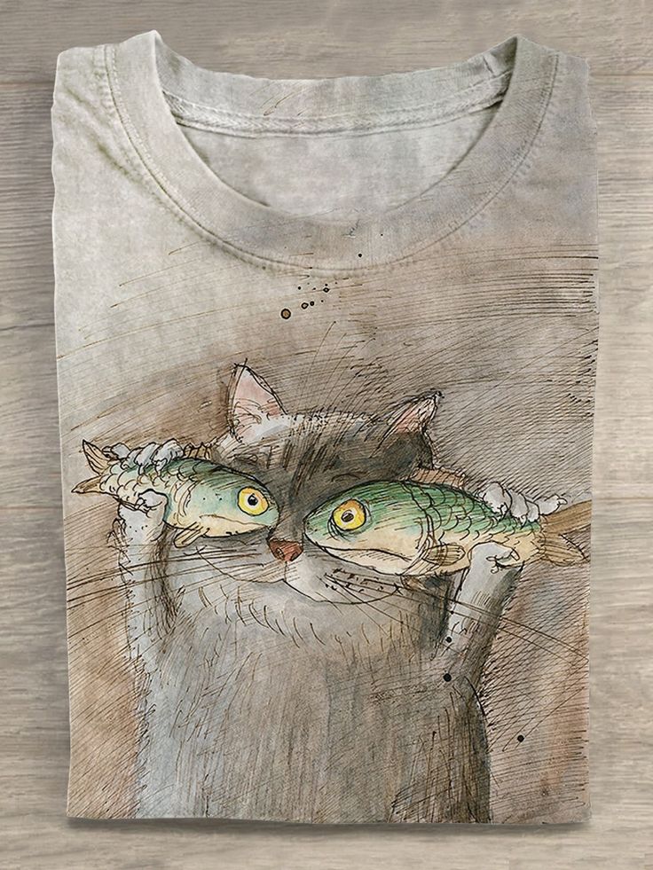 Funny Cute Cat Art Print Casual T-shirt