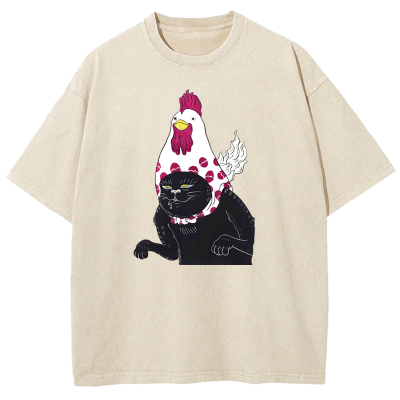 Cuddlefurry™ | Cat with Chicken Head Print Washed T-Shirt