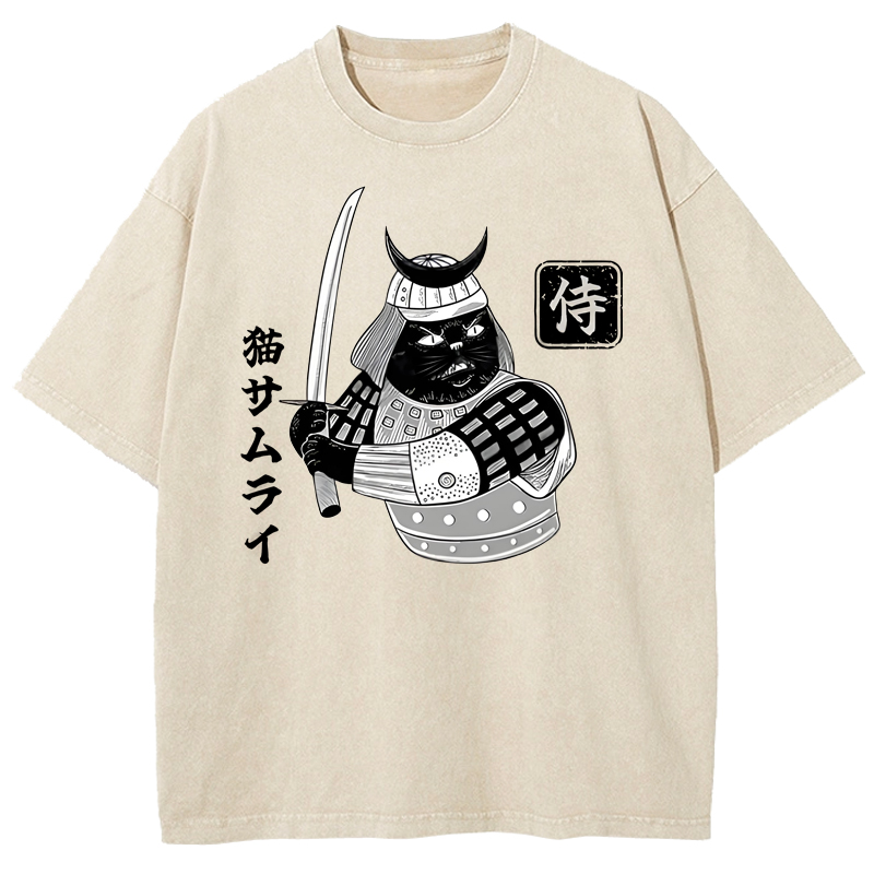 Cuddlefurry™ | Cat Samurai With Sword Washed T-Shirt